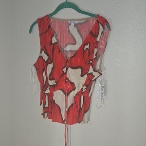 Nine West Red and White Ribbed Tie Front Tank Top